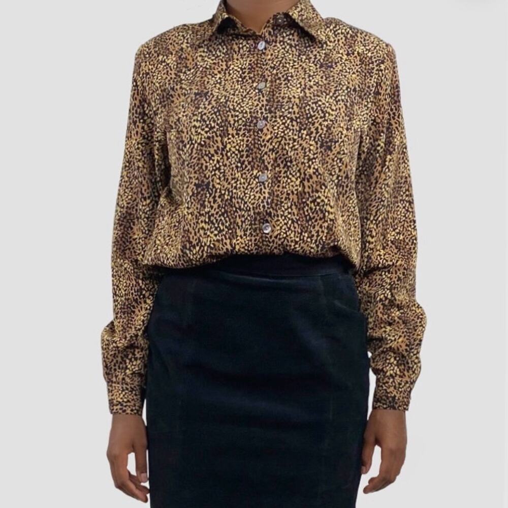 VTG 1990s Animal Print Button Blouse with Shoulder Pads Sz M Retro Office Goth